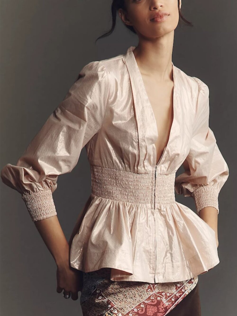 Anthropologie Blush Pink Long-Sleeve Shine Smocked Front-Zip Blouse in Large